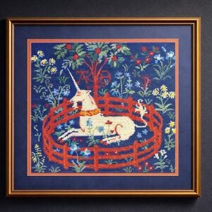 1983 Unicorn in Captivity Hand Stitched Needlepoint in Frame 19x19